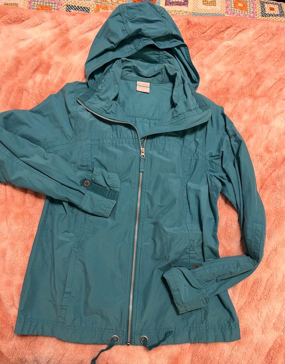 Columbia Women’s Large Teal Hooded Lightweight Windbreaker Utility Jacket